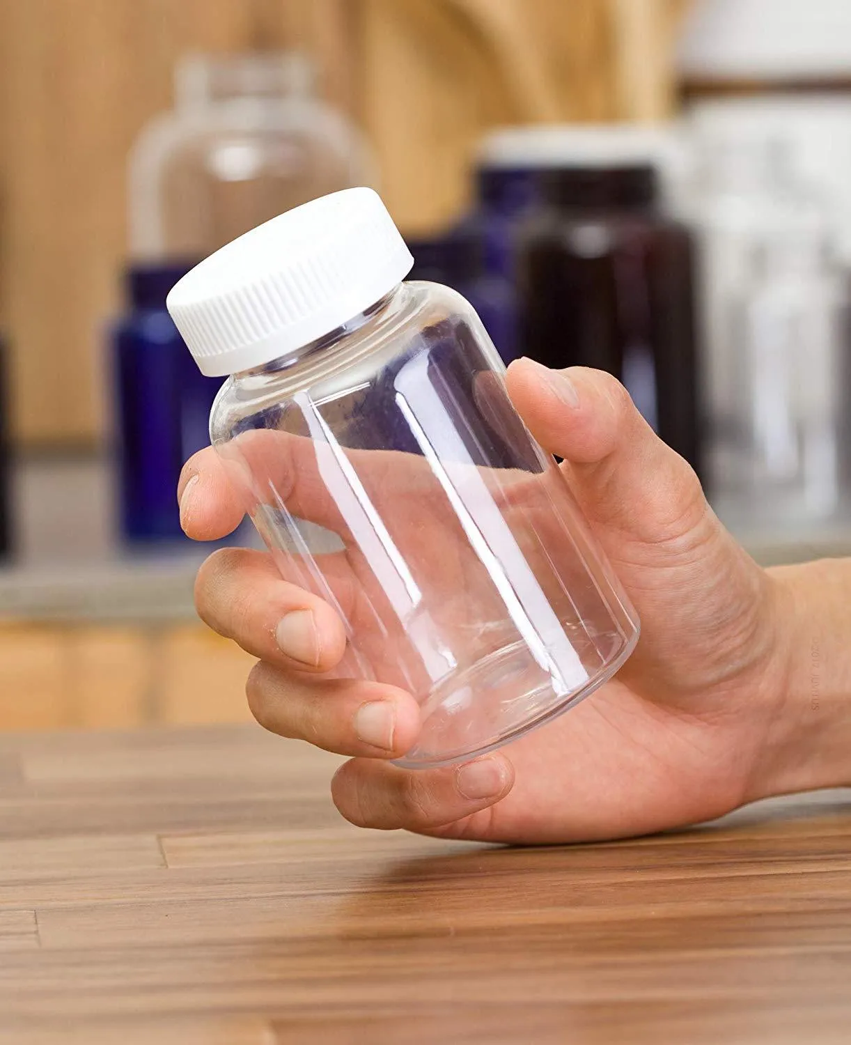 8 oz Clear Plastic Wide Mouth Packer Bottle with Child Resistant White Push and Turn Lid (6 Pack)