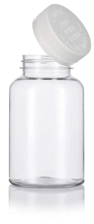 8 oz Clear Plastic Wide Mouth Packer Bottle with Child Resistant White Push and Turn Lid (6 Pack)