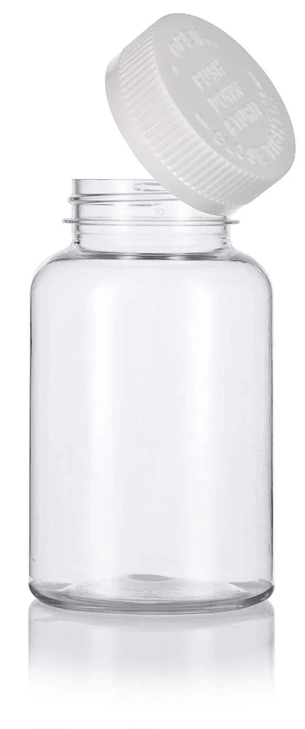 8 oz Clear Plastic Wide Mouth Packer Bottle with Child Resistant White Push and Turn Lid (6 Pack)