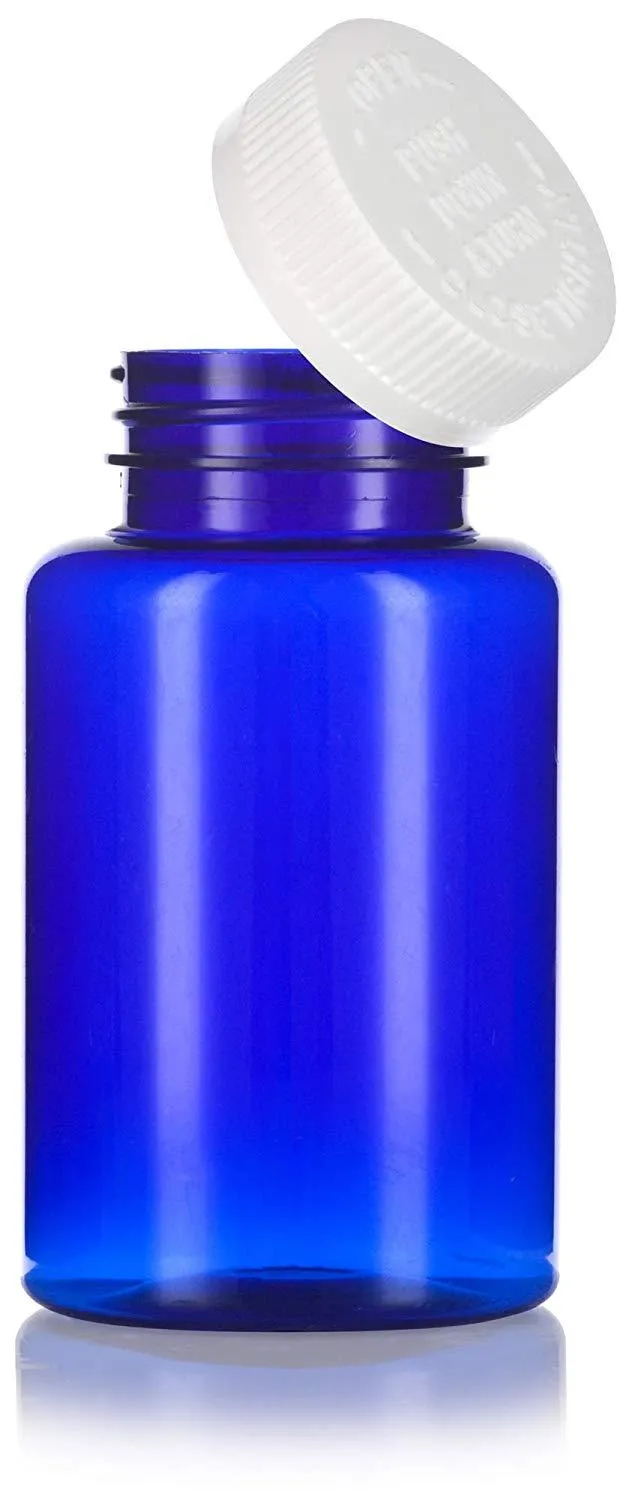 8 oz Cobalt Blue Plastic Wide Mouth Packer Bottle with White Lid (6 pack)