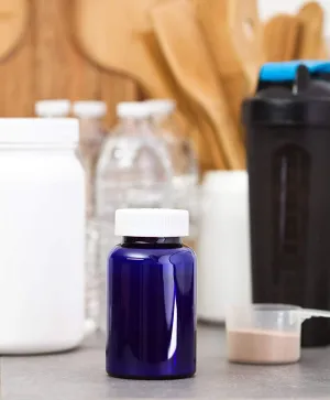 8 oz Cobalt Blue Plastic Wide Mouth Packer Bottle with White Lid (6 pack)