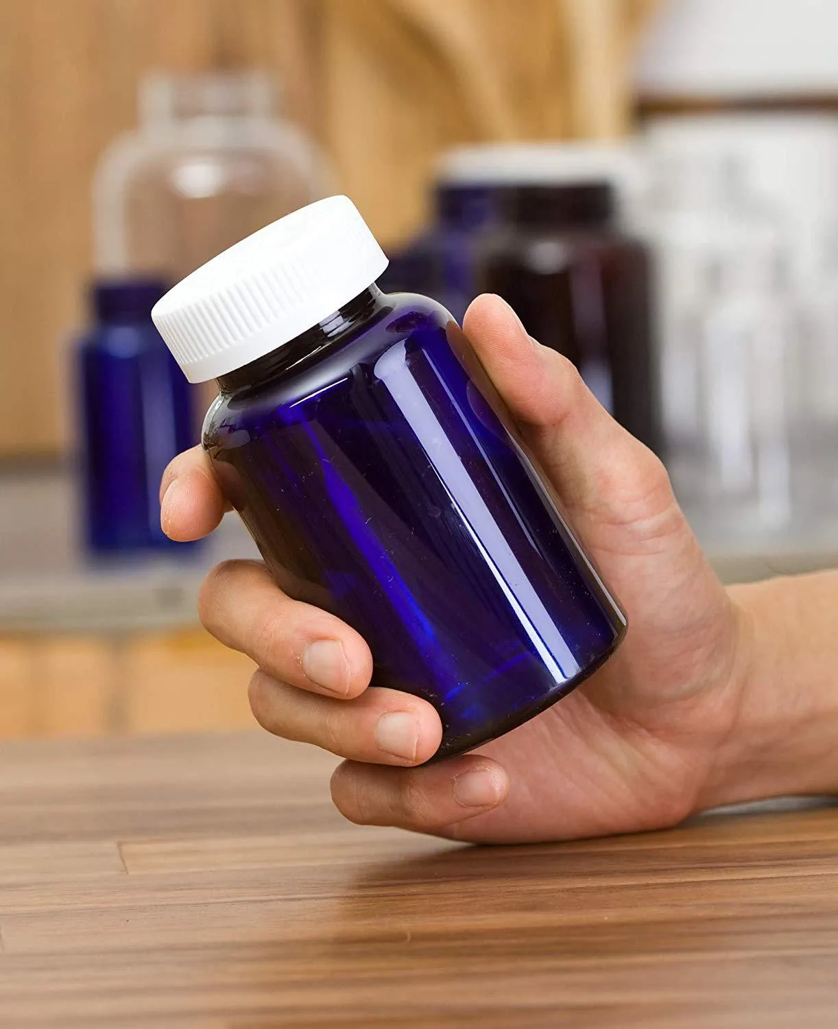 8 oz Cobalt Blue Plastic Wide Mouth Packer Bottle with White Lid (6 pack)