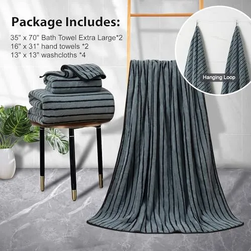 8 Piece Towels Set,2 Oversized Bath Towel 35" x 70", 2 Hand Towels & 4 Washcloths, 100% Microfiber Ultra Soft Lightweight Bath Sheets Shower Towels Quick Dry for Bathroom,Two-Tone Color, Black