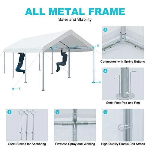 ADVANCE OUTDOOR 10 x 20 FT Heavy Duty Carport Car Canopy Garage Boat Shelter Party Tent, Adjustable Height from 6.0ft to 7.5ft, White