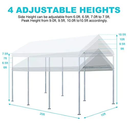 ADVANCE OUTDOOR 10 x 20 FT Heavy Duty Carport Car Canopy Garage Boat Shelter Party Tent, Adjustable Height from 6.0ft to 7.5ft, White