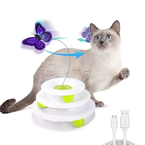 ALL FOR PAWS Interactive Cat Toys Automatic Tower of Butterfly Flutter Bug Cat Enrichment Ball Track Toy Smart Cat Toys with Timer for Indoor Cats