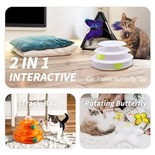 ALL FOR PAWS Interactive Cat Toys Automatic Tower of Butterfly Flutter Bug Cat Enrichment Ball Track Toy Smart Cat Toys with Timer for Indoor Cats