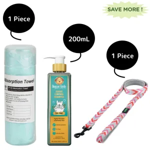 Basil Printed Leash , Aeolus Super Dry Absorption Towels and Dogsee Veda Odour Control Tea Tree Shampoo for Dogs Combo