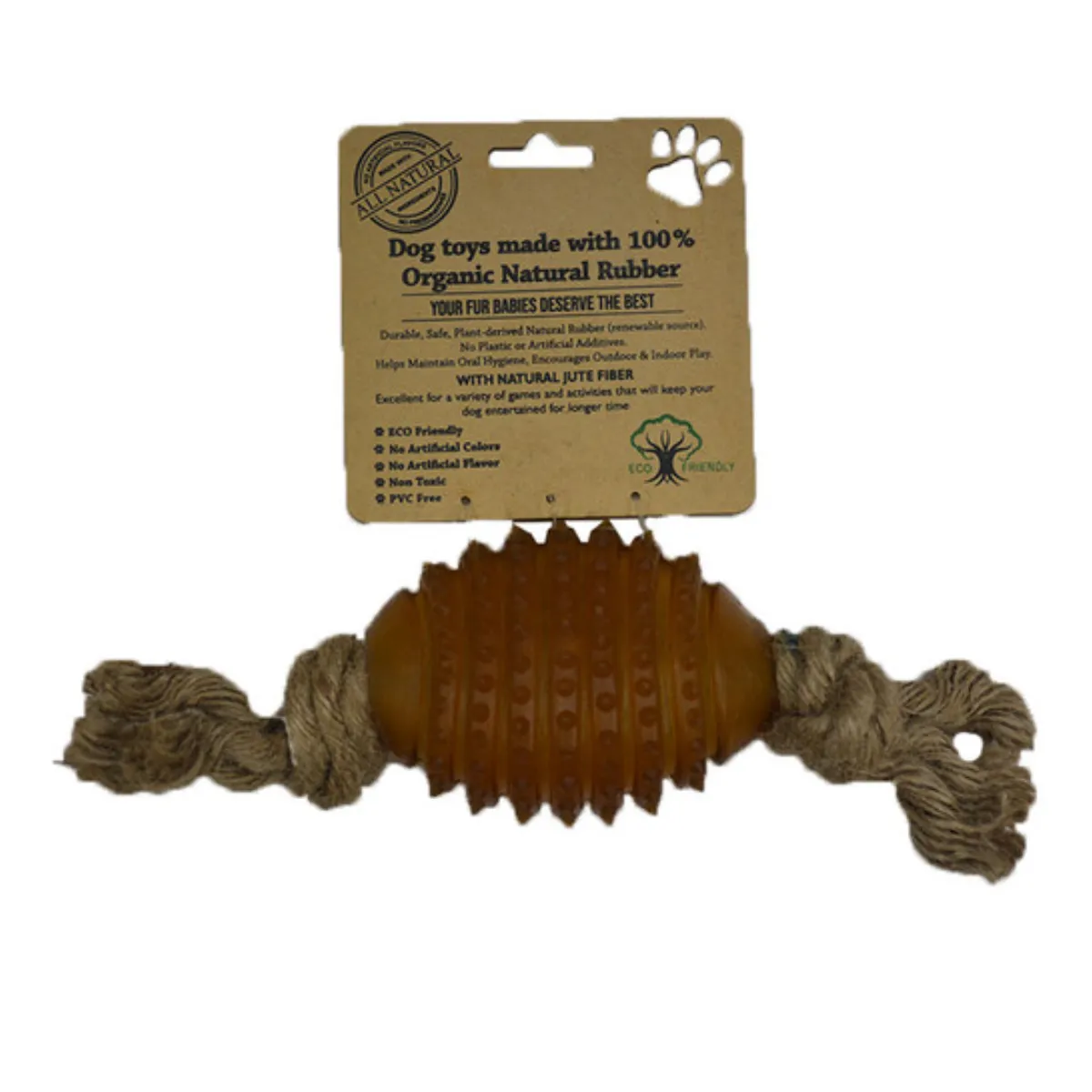 Indipets 100% Organic Rubber Studded Rugby Ball with Jute Rope Dog Toy 11"