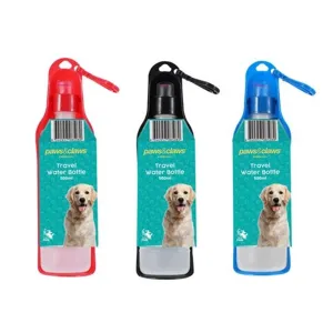 Paws & Claws Pet Travel Water Bottle 500ml 26x6x6cm - 3 Assorted Colours Red/Black/Blue
