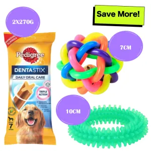 Pedigree Dentastix Oral Care for Adult (Large Breed of 25 kg ) Treats, Basil Teething Ring Chew Toy and Pet Vogue Bouncy Rubber Ball for Dogs Combo