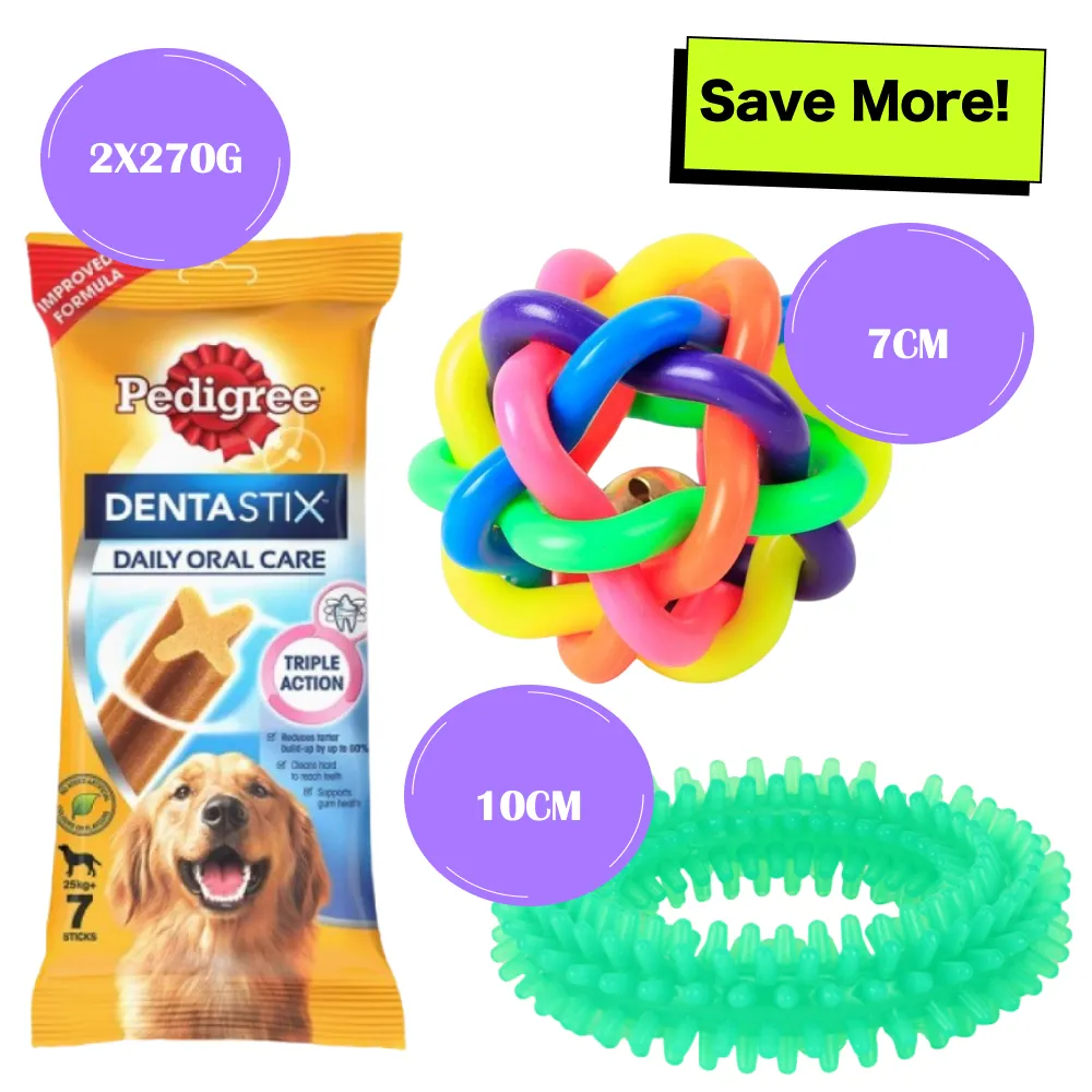 Pedigree Dentastix Oral Care for Adult (Large Breed of 25 kg ) Treats, Basil Teething Ring Chew Toy and Pet Vogue Bouncy Rubber Ball for Dogs Combo