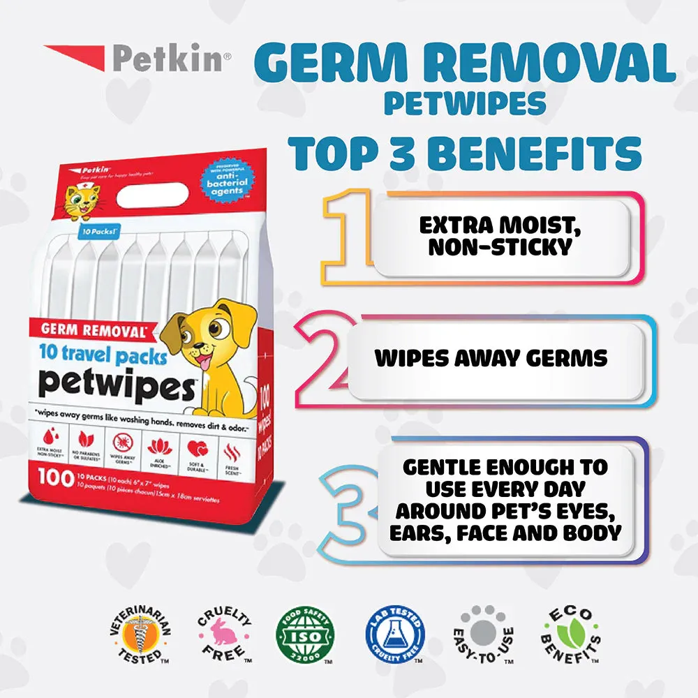Petkin Germ Removal Petwipes Travel Wipes Pack of 10
